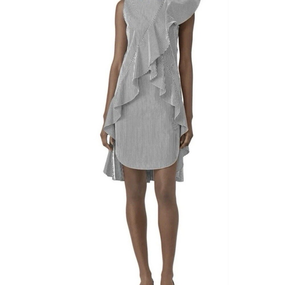 Goen J Black Striped White Cotton Ruffle Trimmed Mini Dress Women’s Size 4